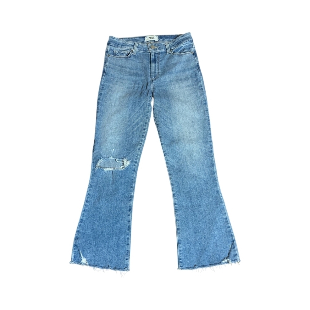 Paige Rory Crop Flare Distressed Busted Knee Raw Hem Jeans W27 L26